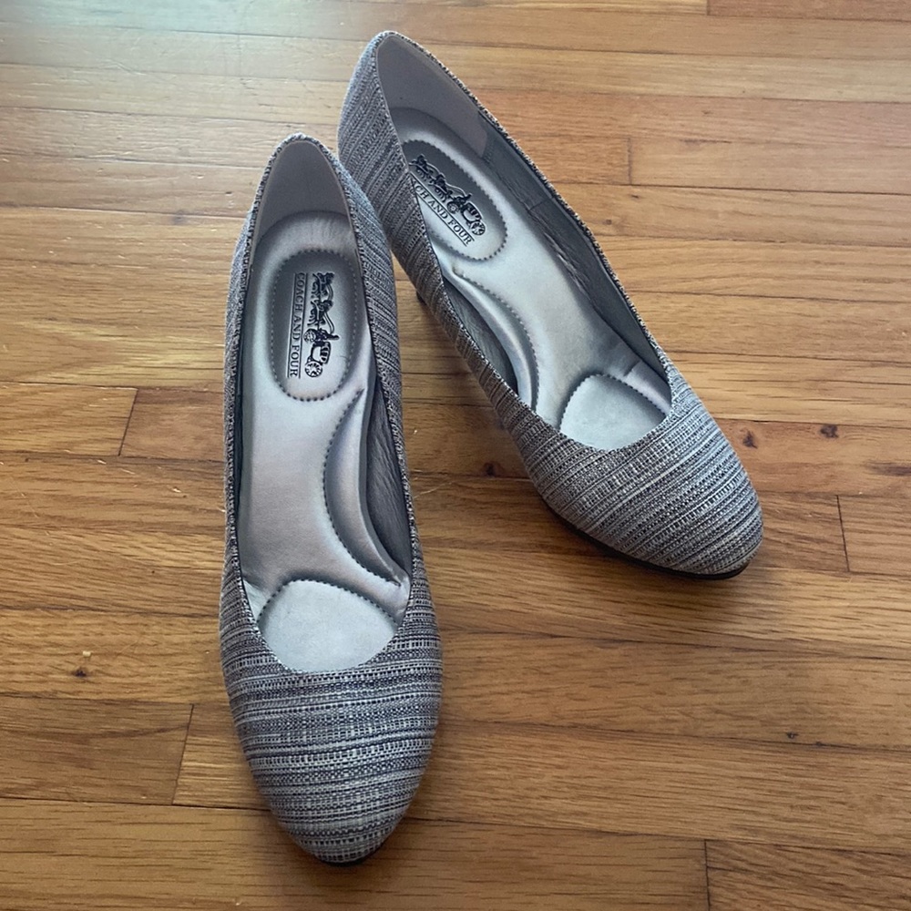 Couch and Four round toe heels.